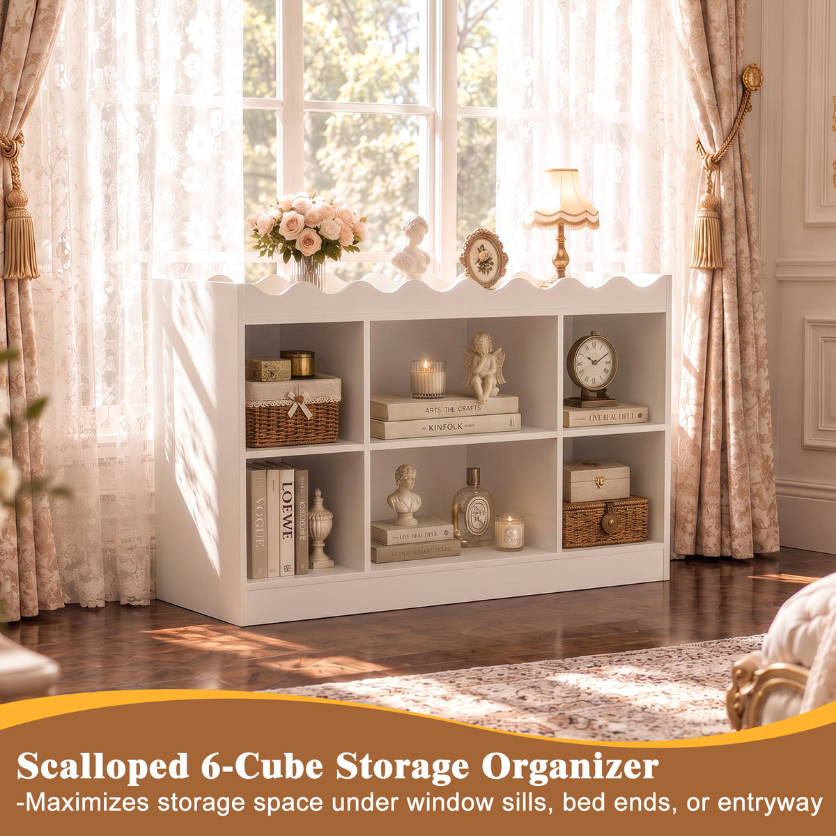 Besiost Scalloped 6 Cube Storage Organizer, 3-Tier Low Cube Bookcase 46"
