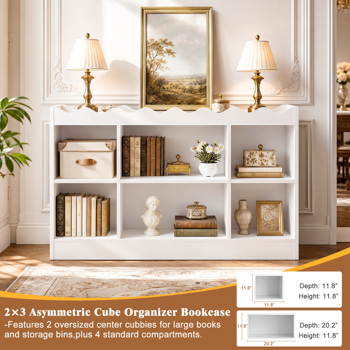 Besiost Scalloped 6 Cube Storage Organizer, 3-Tier Low Cube Bookcase 46"