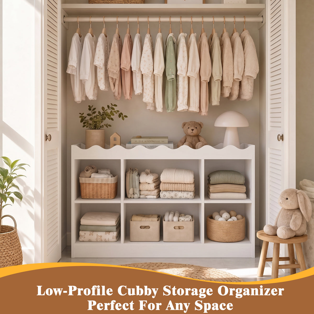Besiost Scalloped 6 Cube Storage Organizer, 3-Tier Low Cube Bookcase 46"