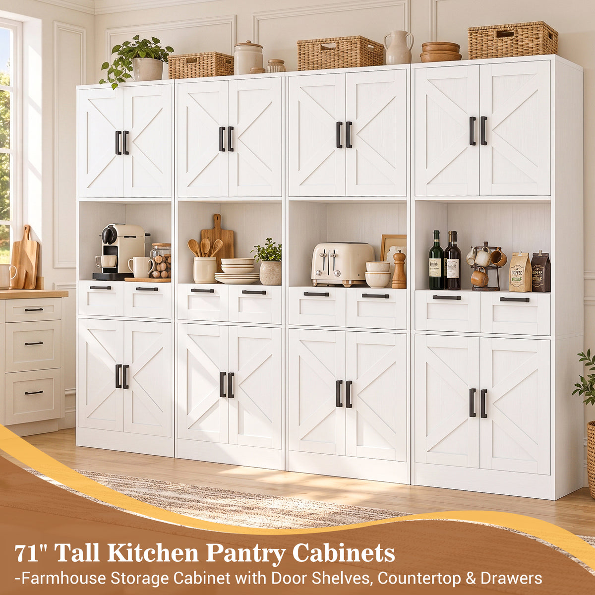 Besiost 71" Farmhouse Kitchen Pantry Storage Cabinet with Barn Doors