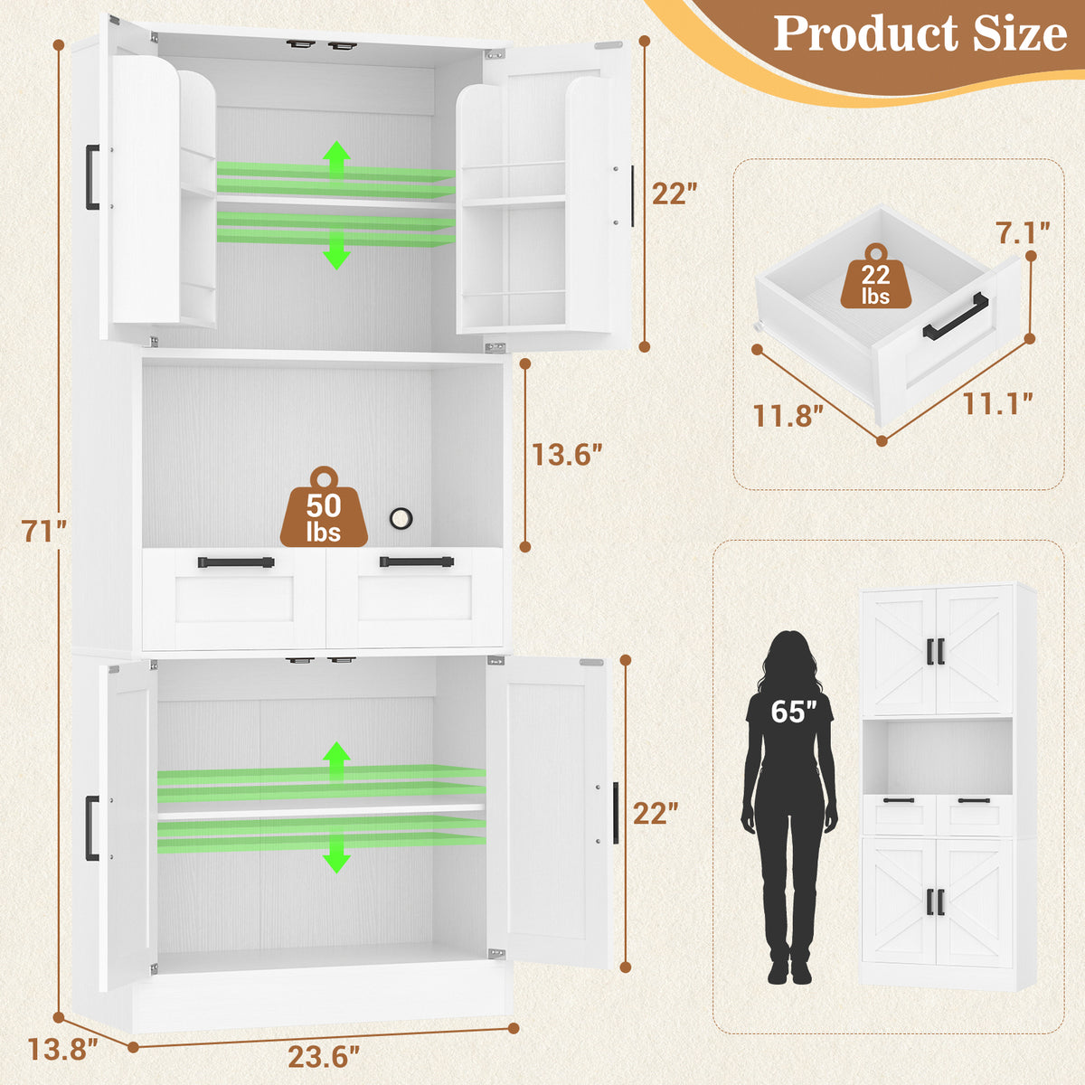 Besiost 71" Farmhouse Kitchen Pantry Storage Cabinet with Barn Doors