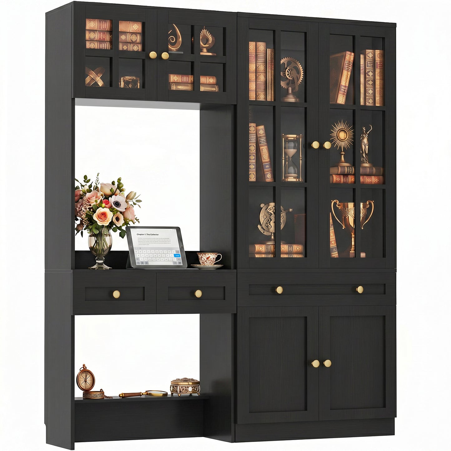 55.2" W × 80" H Bookcase with Desk, Mullion Glass Doors, Drawers
