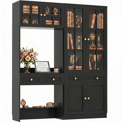 55.2" W × 80" H Bookcase with Desk, Mullion Glass Doors, Drawers