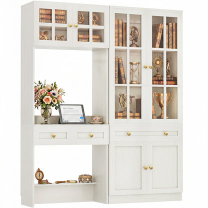 55.2" W × 80" H Bookcase with Desk, Mullion Glass Doors, Drawers