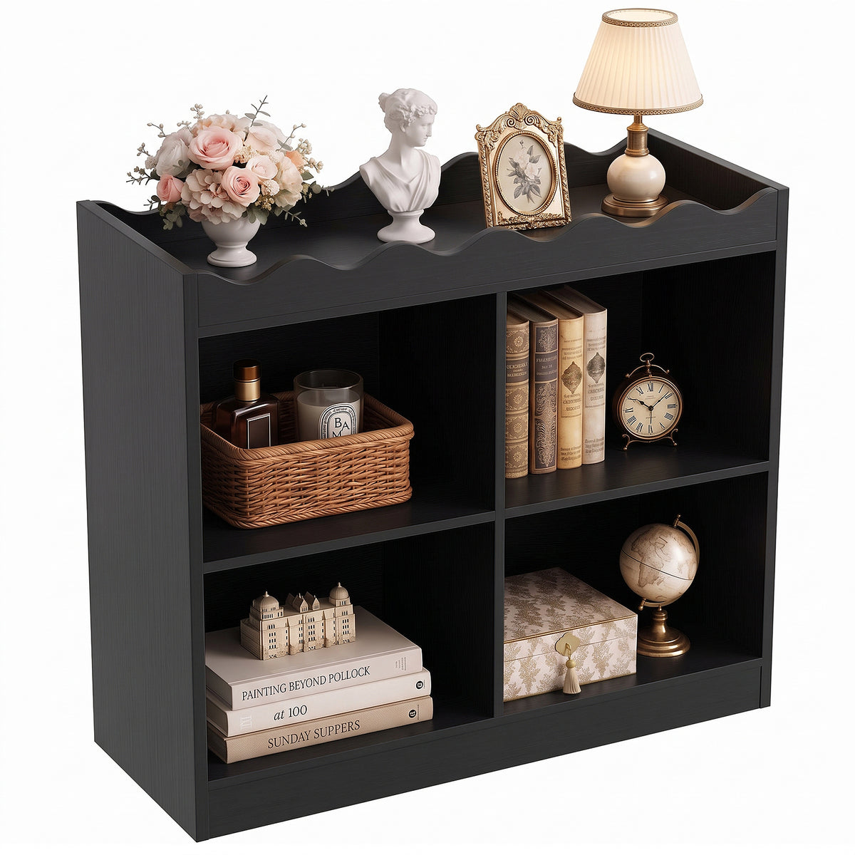 Besiost Scalloped 4 Cube Storage Organizer, 3-Tier Low Cube Bookcase 32"