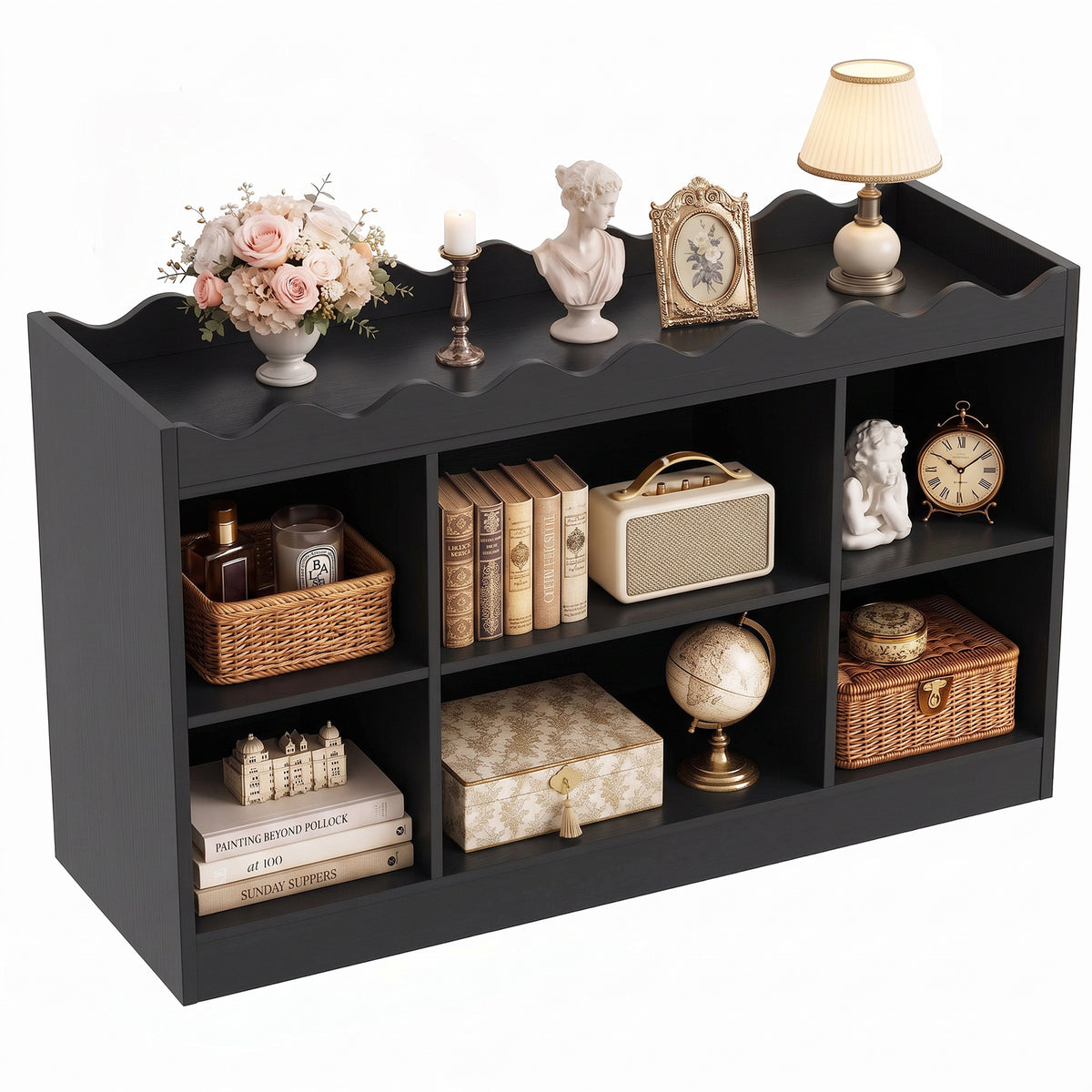 Besiost Scalloped 6 Cube Storage Organizer, 3-Tier Low Cube Bookcase 46"