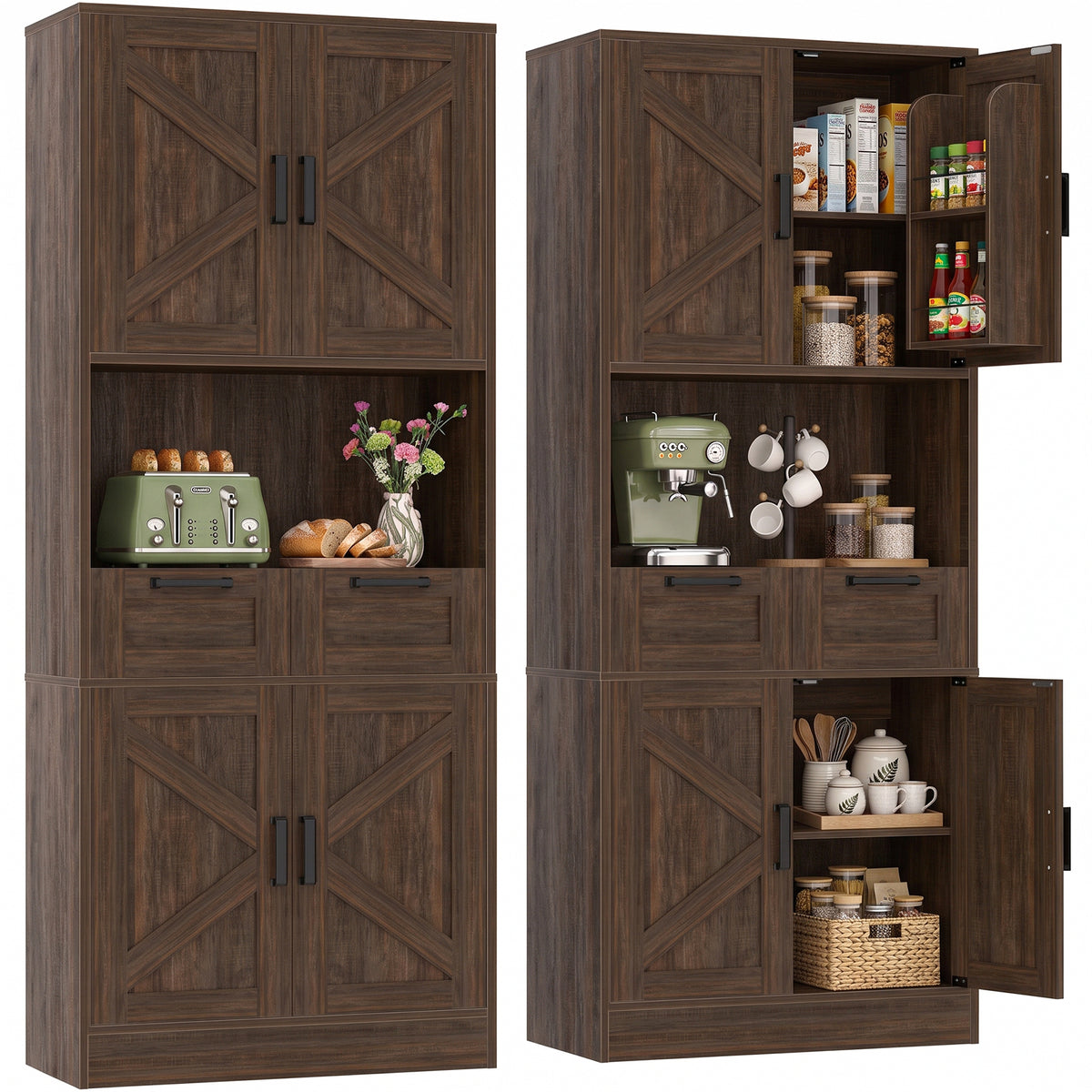 Besiost 71" Farmhouse Kitchen Pantry Storage Cabinet with Barn Doors