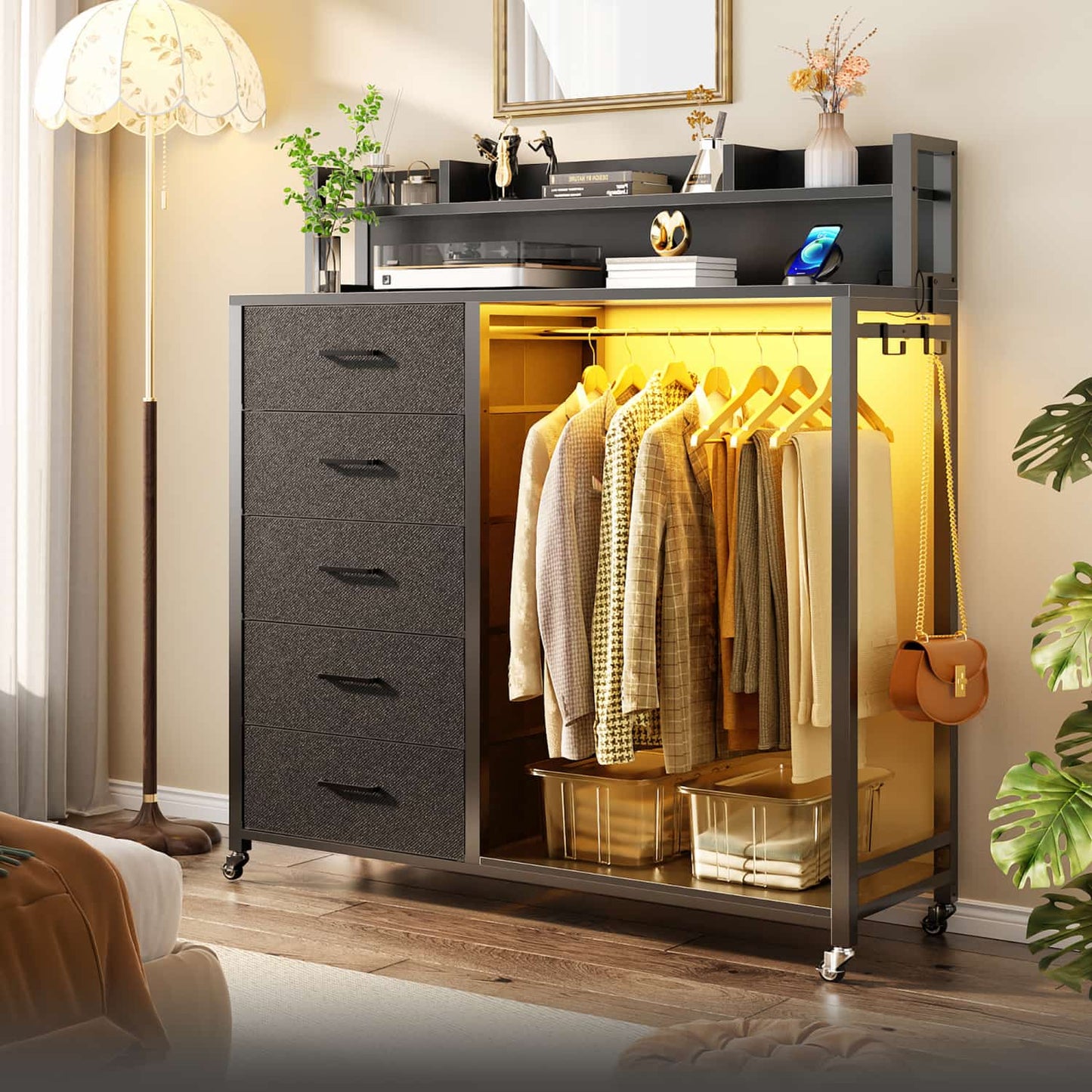 Dresser for Bedroom with Clothes Rack & Shelves, 5 Drawers Dresser with Charging Station