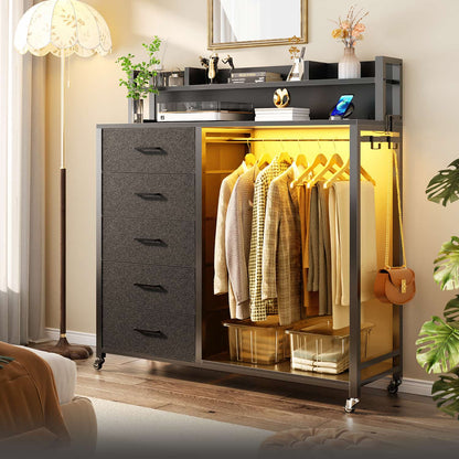 Dresser for Bedroom with Clothes Rack & Shelves, 5 Drawers Dresser with Charging Station