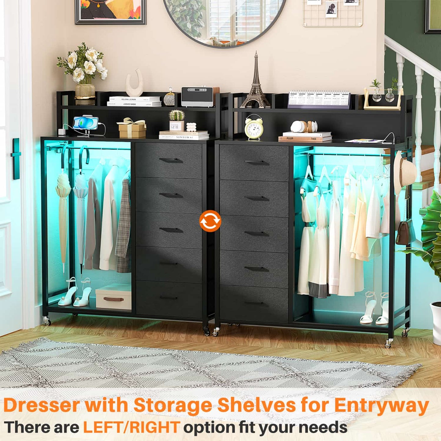Dresser for Bedroom with Clothes Rack & Shelves, 5 Drawers Dresser with Charging Station