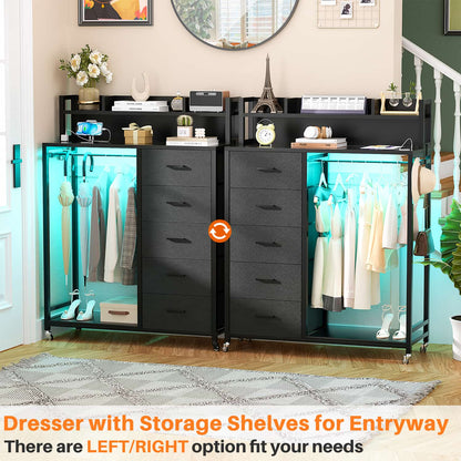 Dresser for Bedroom with Clothes Rack & Shelves, 5 Drawers Dresser with Charging Station