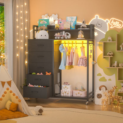 Dresser for Bedroom with Clothes Rack & Shelves, 5 Drawers Dresser with Charging Station