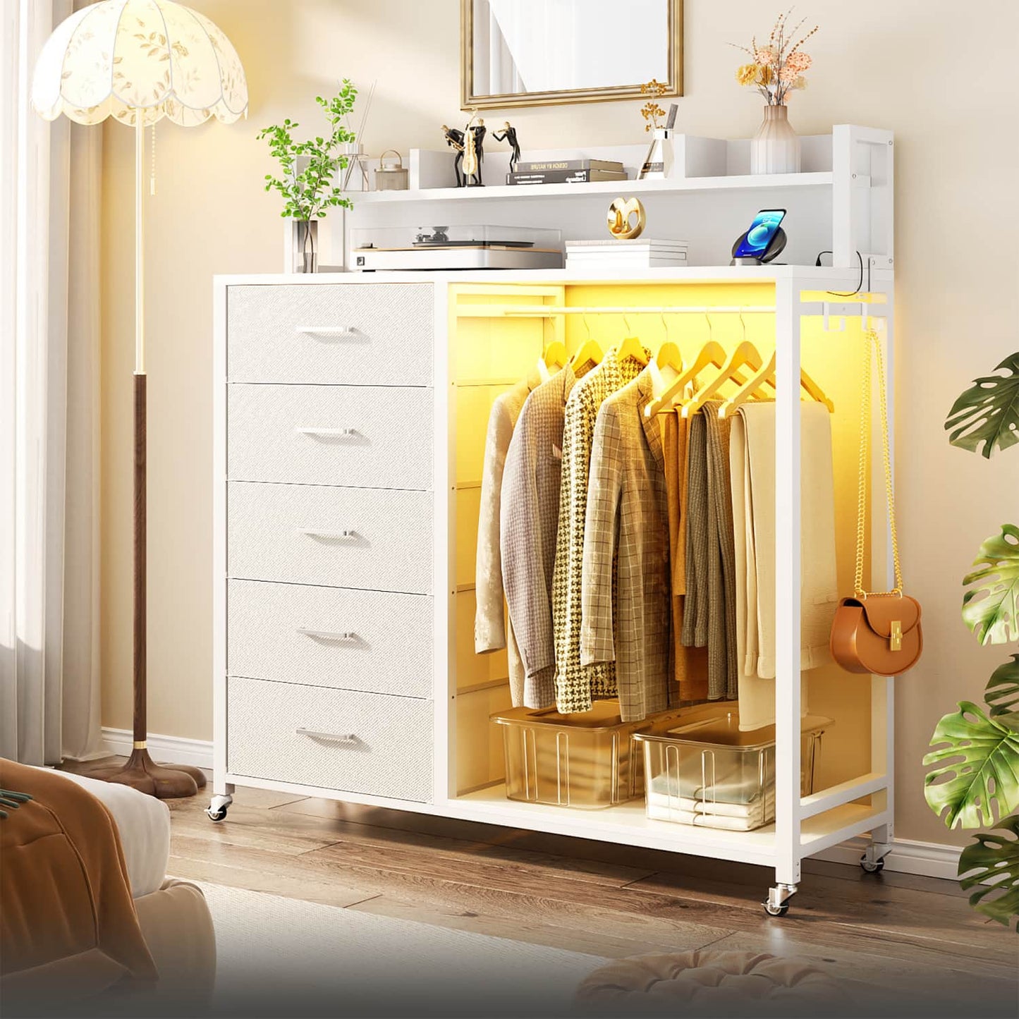Dresser for Bedroom with Clothes Rack & Shelves, 5 Drawers Dresser with Charging Station