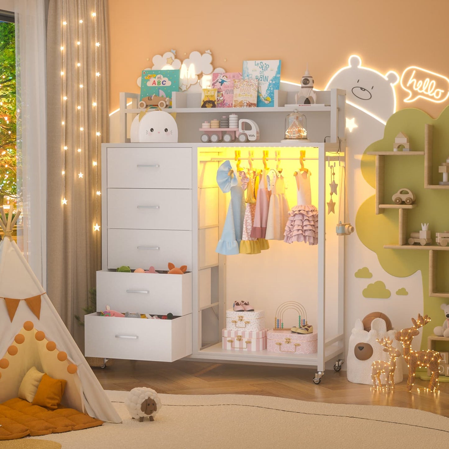 Dresser for Bedroom with Clothes Rack & Shelves, 5 Drawers Dresser with Charging Station