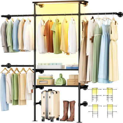 87-In Wall-mounted Pipe Garment Rack with Wood Shelves, Heavy-duty Closet Organizer System with 4 Hanging Rods-