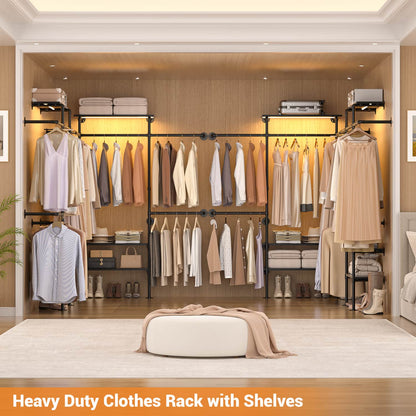87-In Wall-mounted Pipe Garment Rack with Wood Shelves, Heavy-duty Closet Organizer System with 4 Hanging Rods-