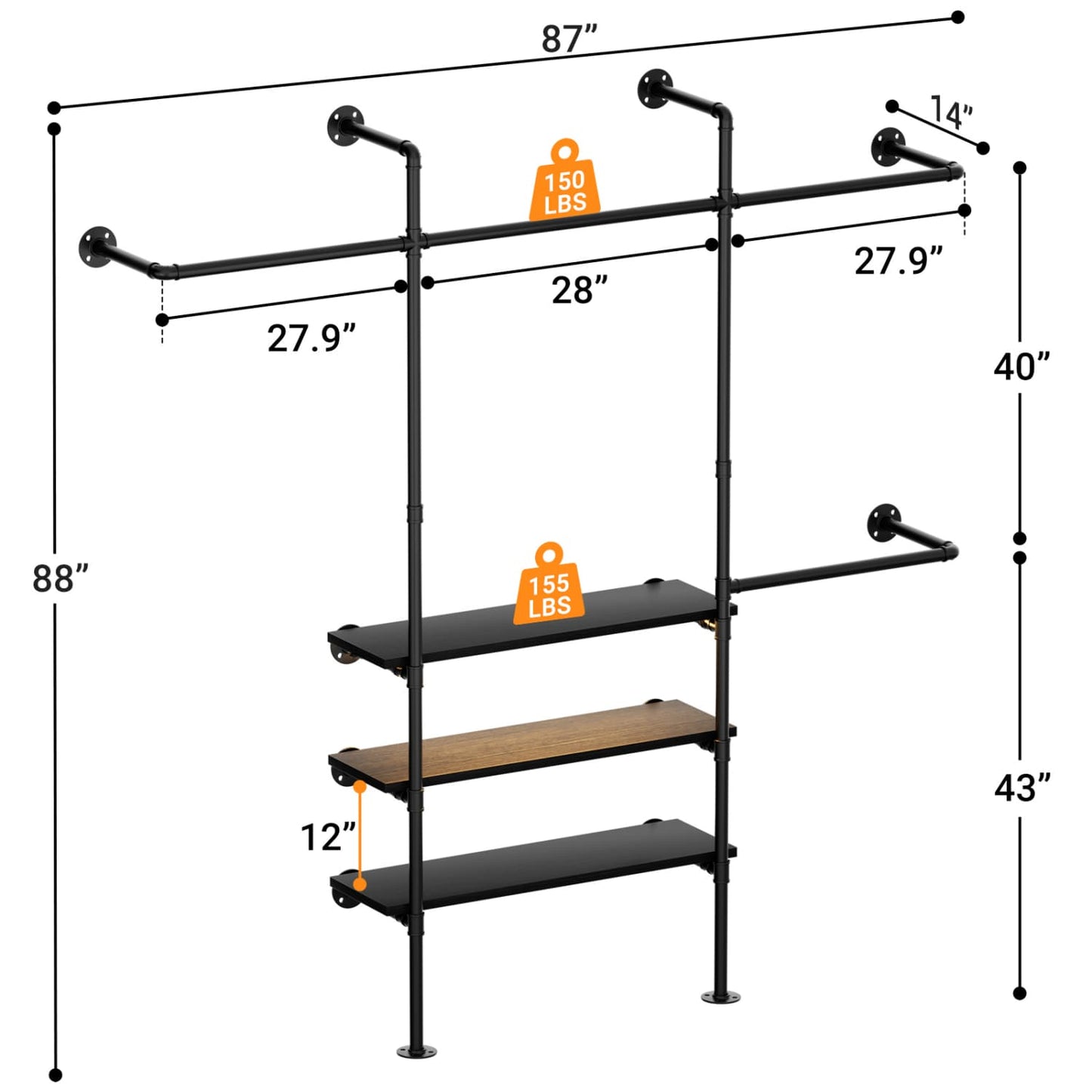 87-In Wall-mounted Pipe Garment Rack with Wood Shelves, Heavy-duty Closet Organizer System with 4 Hanging Rods-