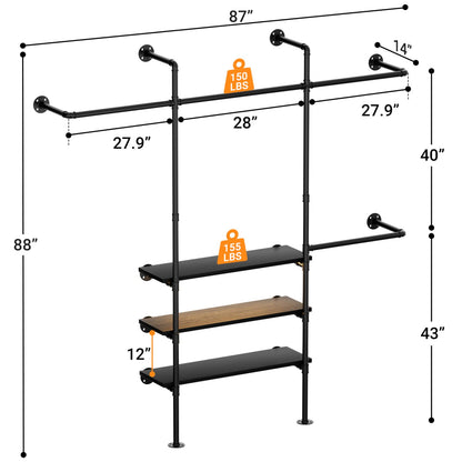 87-In Wall-mounted Pipe Garment Rack with Wood Shelves, Heavy-duty Closet Organizer System with 4 Hanging Rods-