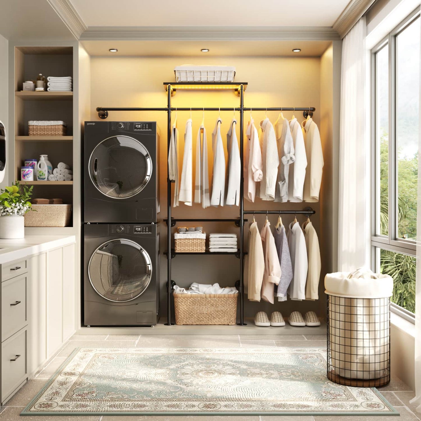 87-In Wall-mounted Pipe Garment Rack with Wood Shelves, Heavy-duty Closet Organizer System with 4 Hanging Rods-