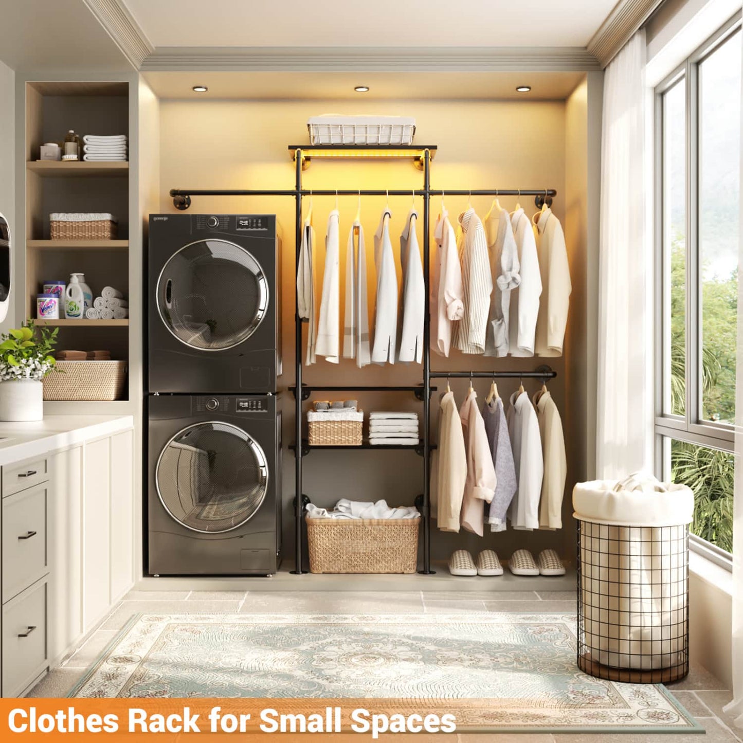 87-In Wall-mounted Pipe Garment Rack with Wood Shelves, Heavy-duty Closet Organizer System with 4 Hanging Rods-