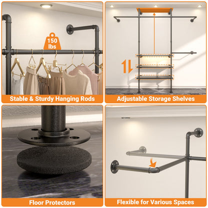 87-In Wall-mounted Pipe Garment Rack with Wood Shelves, Heavy-duty Closet Organizer System with 4 Hanging Rods-