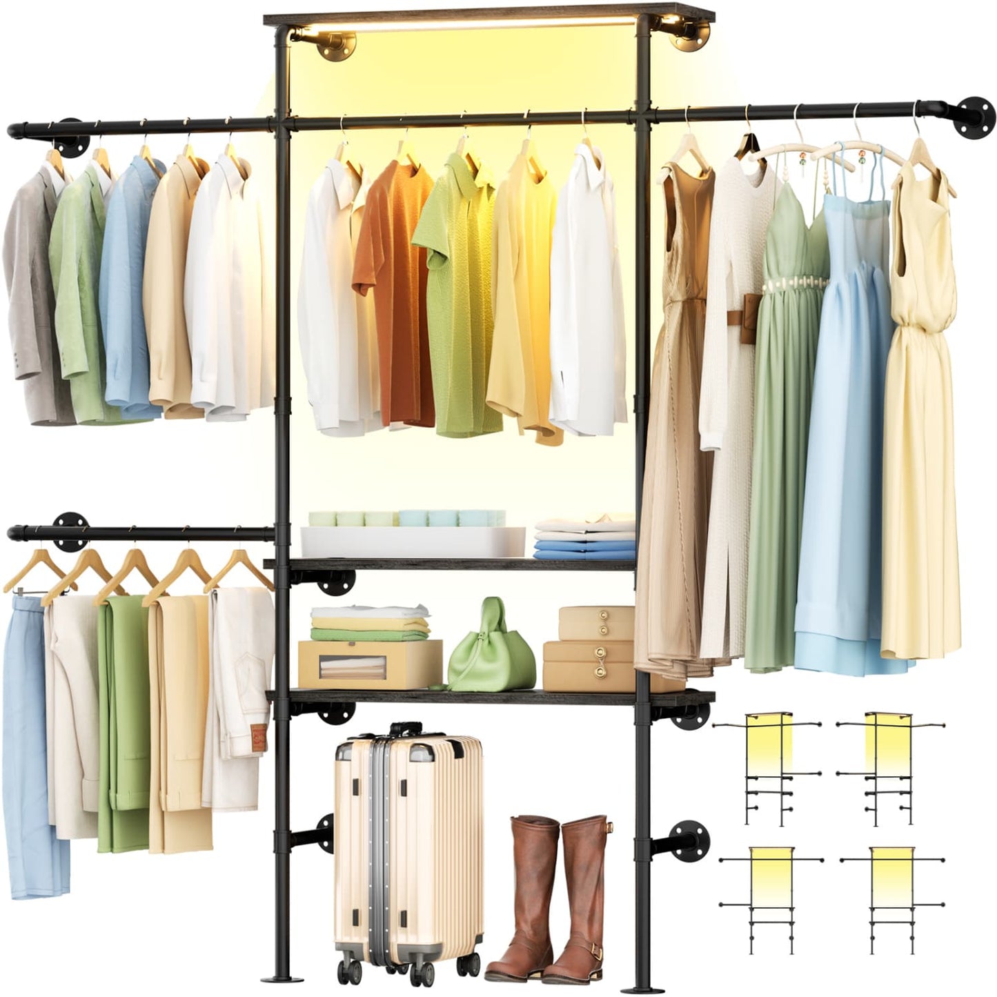 87-In Wall-mounted Pipe Garment Rack with Wood Shelves, Heavy-duty Closet Organizer System with 4 Hanging Rods-