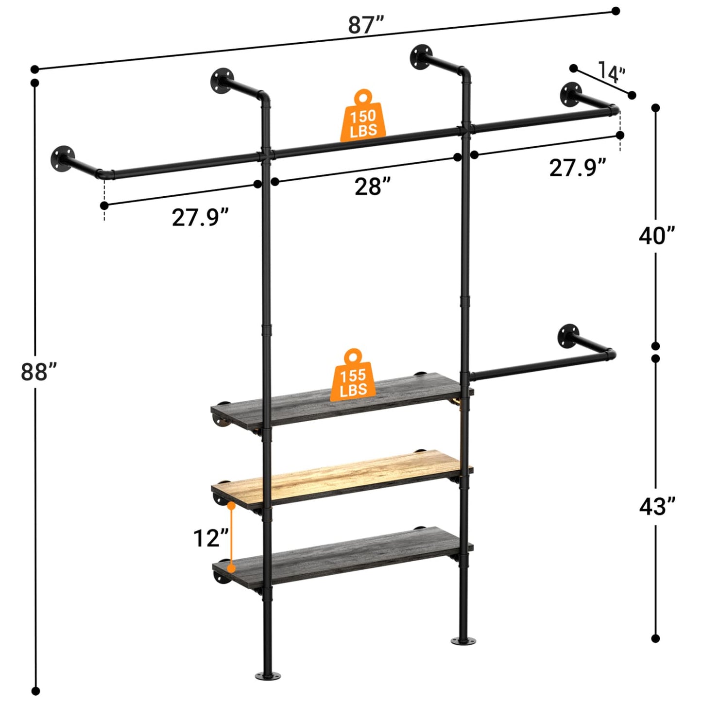 87-In Wall-mounted Pipe Garment Rack with Wood Shelves, Heavy-duty Closet Organizer System with 4 Hanging Rods-