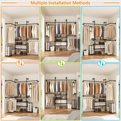 87-In Wall-mounted Pipe Garment Rack with Wood Shelves, Heavy-duty Closet Organizer System with 4 Hanging Rods-