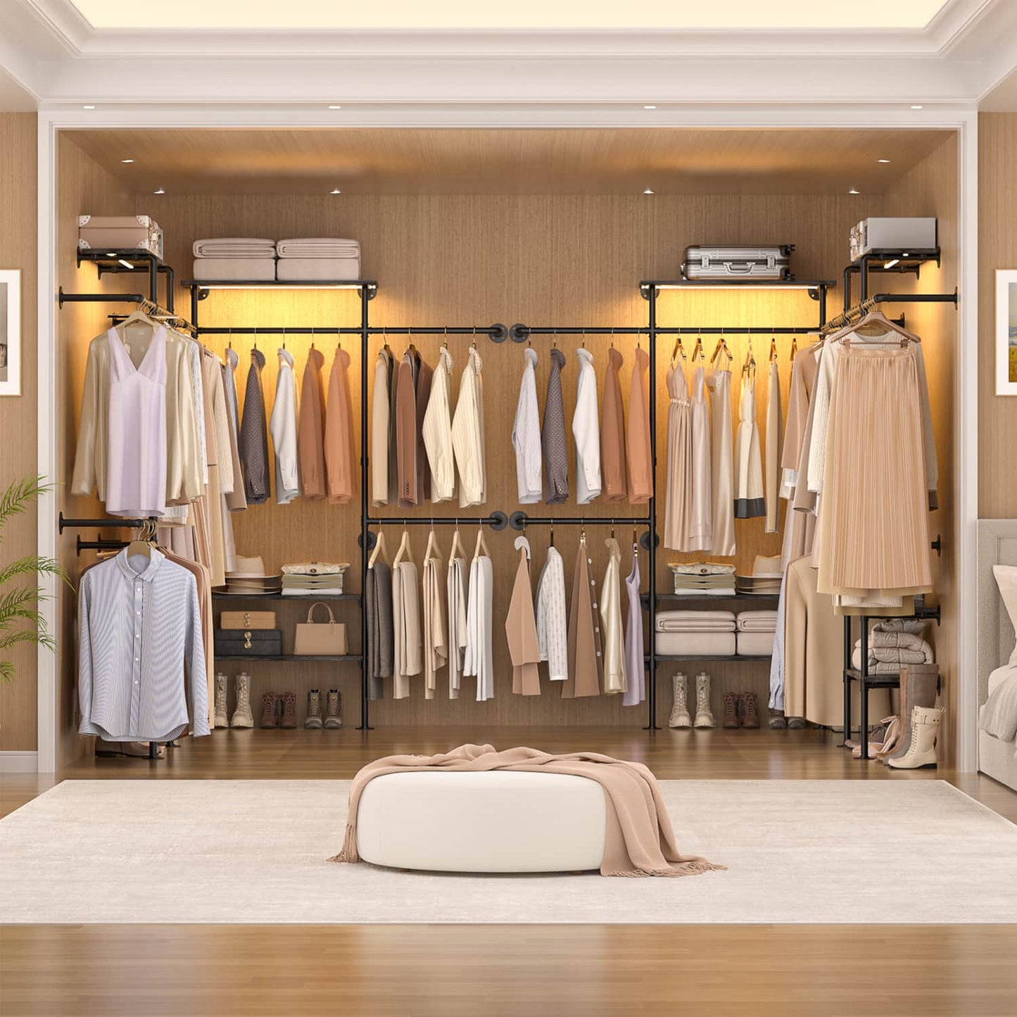 87-In Wall-mounted Pipe Garment Rack with Wood Shelves, Heavy-duty Closet Organizer System with 4 Hanging Rods-