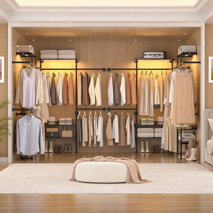 87-In Wall-mounted Pipe Garment Rack with Wood Shelves, Heavy-duty Closet Organizer System with 4 Hanging Rods-