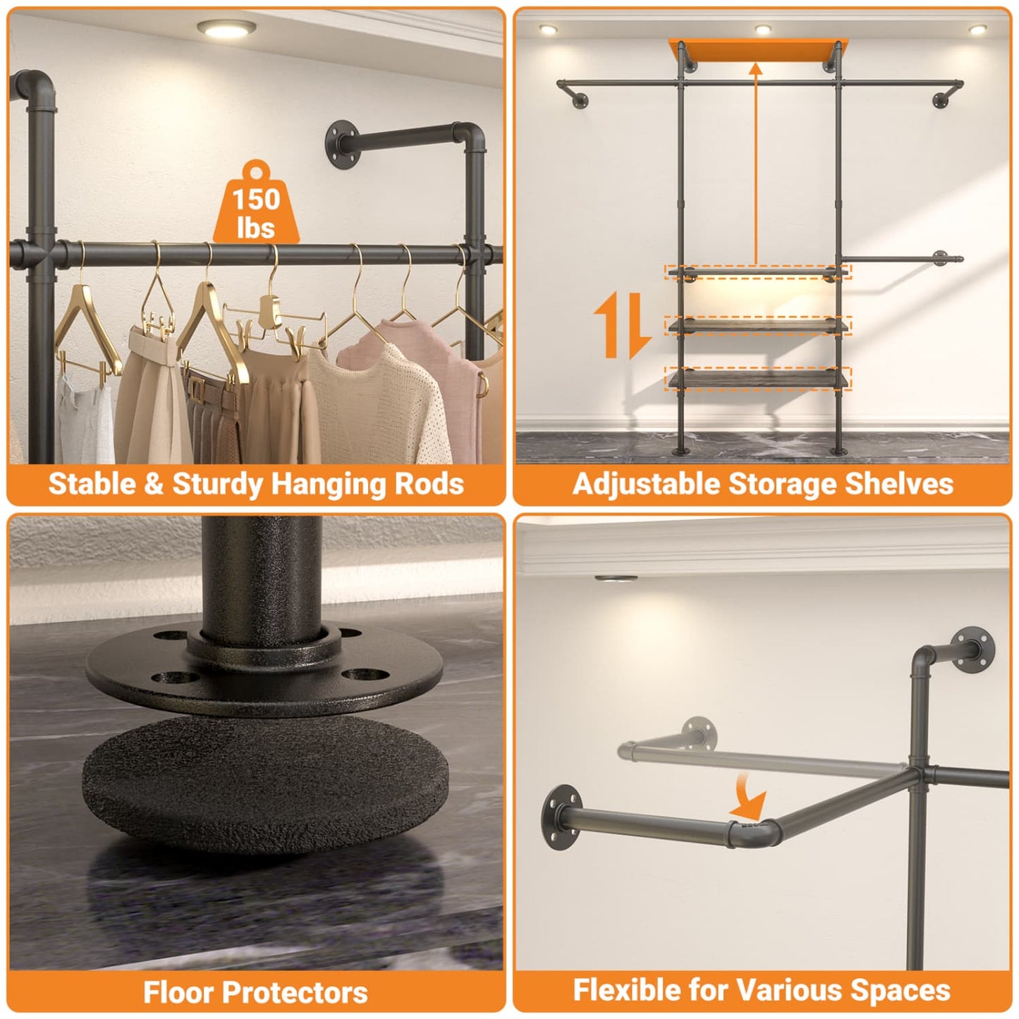 87-In Wall-mounted Pipe Garment Rack with Wood Shelves, Heavy-duty Closet Organizer System with 4 Hanging Rods-