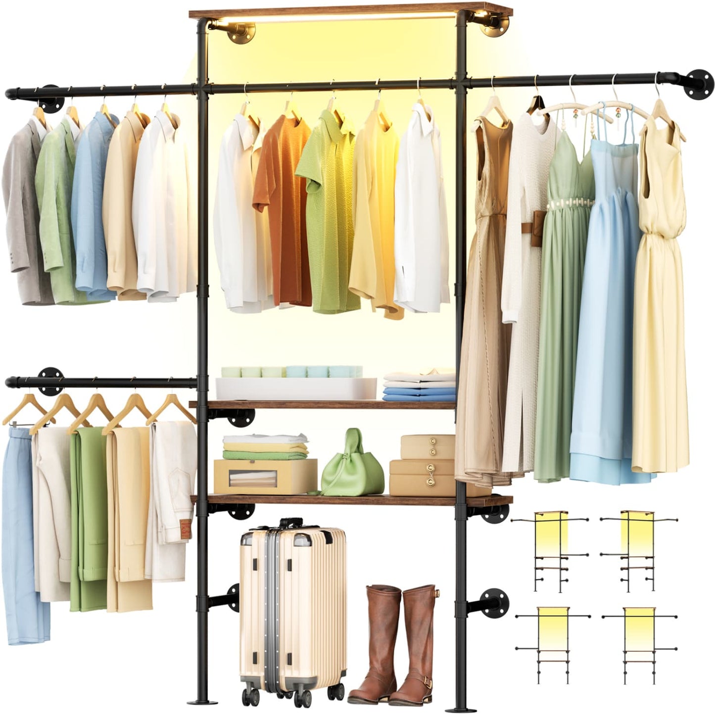 87-In Wall-mounted Pipe Garment Rack with Wood Shelves, Heavy-duty Closet Organizer System with 4 Hanging Rods-