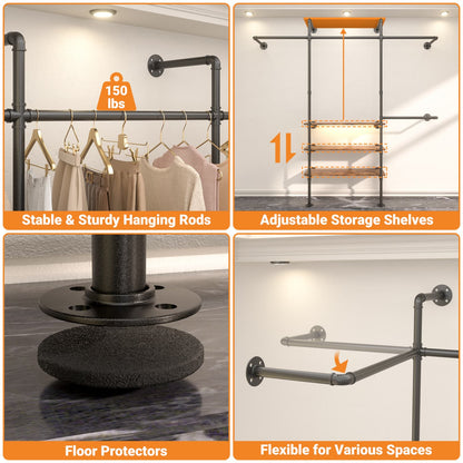 87-In Wall-mounted Pipe Garment Rack with Wood Shelves, Heavy-duty Closet Organizer System with 4 Hanging Rods-