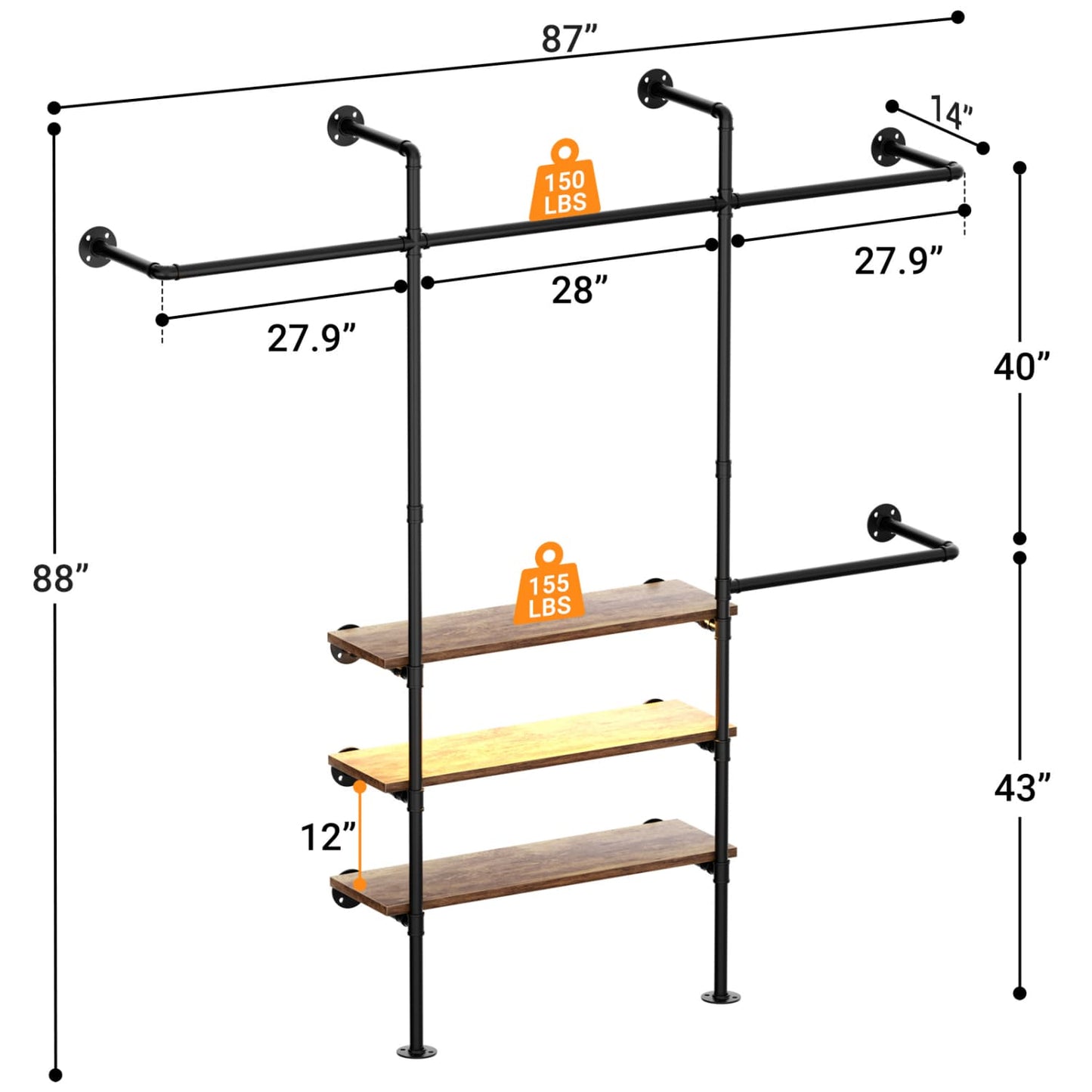 87-In Wall-mounted Pipe Garment Rack with Wood Shelves, Heavy-duty Closet Organizer System with 4 Hanging Rods-