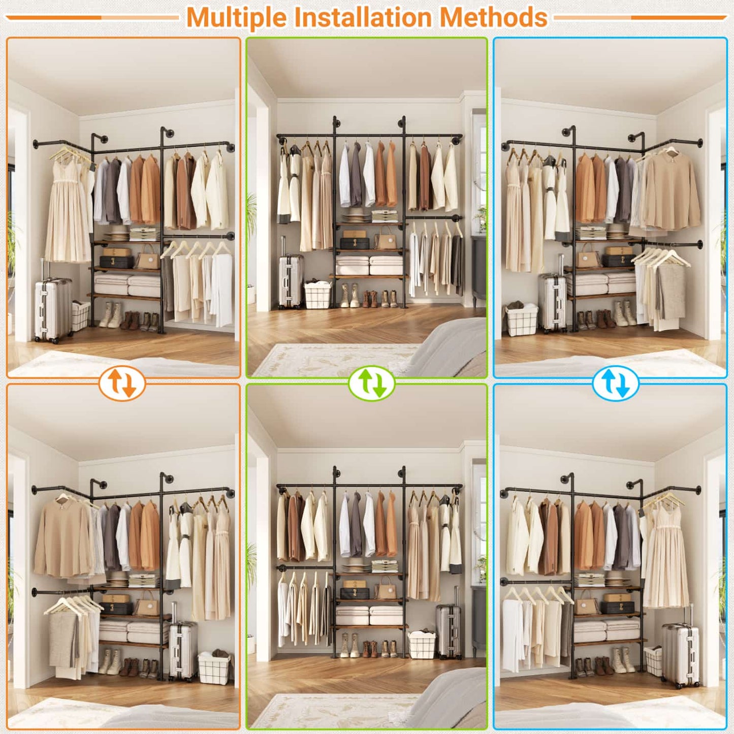87-In Wall-mounted Pipe Garment Rack with Wood Shelves, Heavy-duty Closet Organizer System with 4 Hanging Rods-