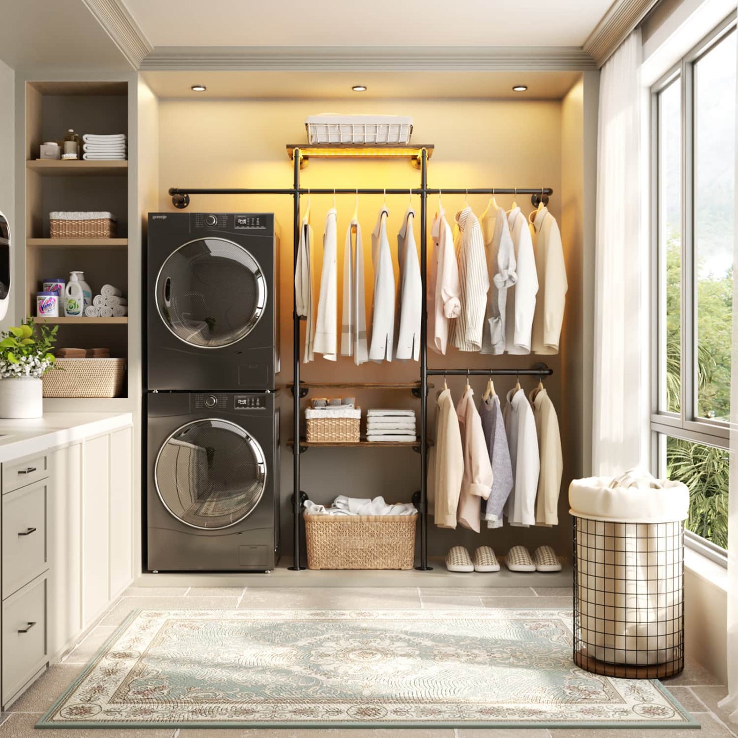 87-In Wall-mounted Pipe Garment Rack with Wood Shelves, Heavy-duty Closet Organizer System with 4 Hanging Rods-