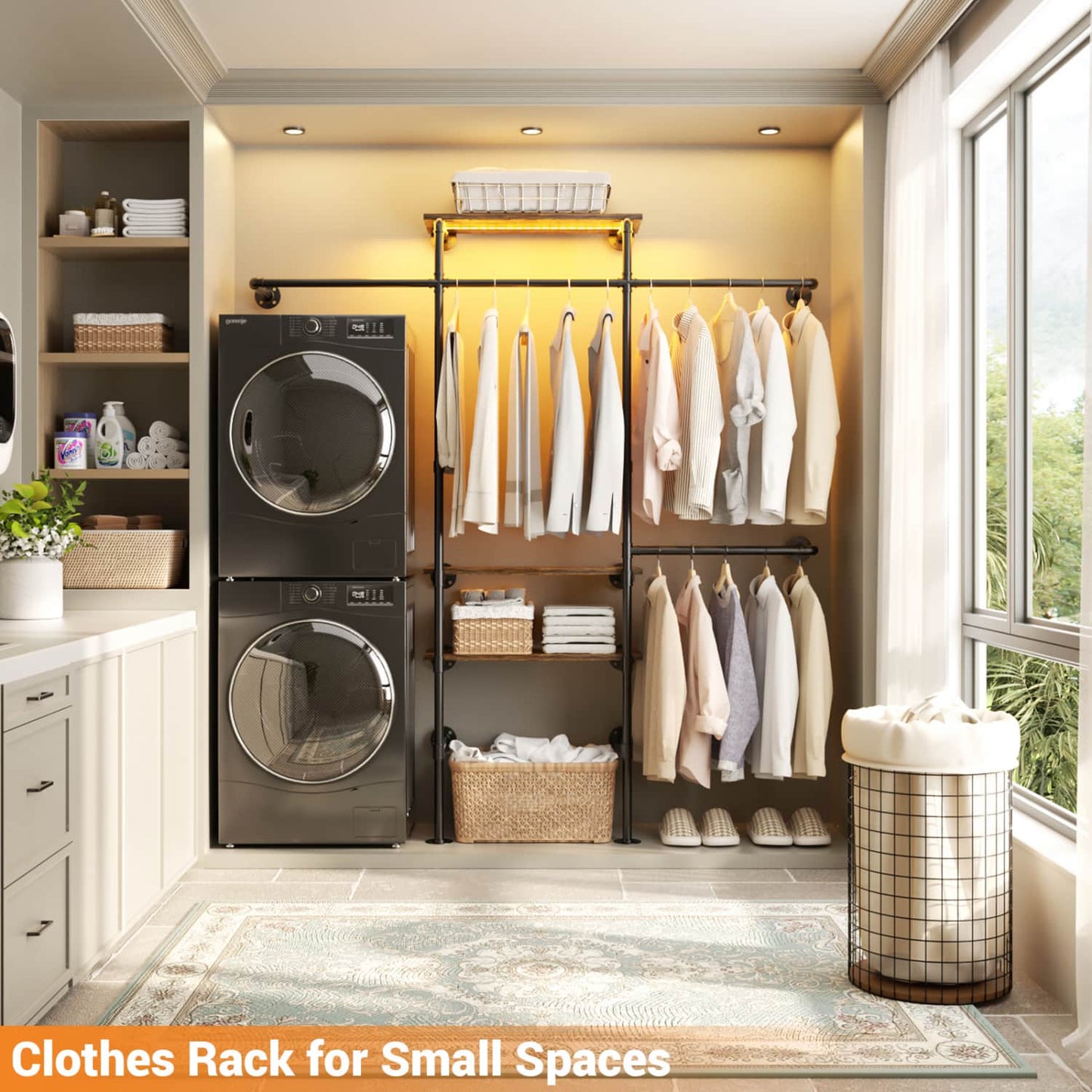 87-In Wall-mounted Pipe Garment Rack with Wood Shelves, Heavy-duty Closet Organizer System with 4 Hanging Rods-