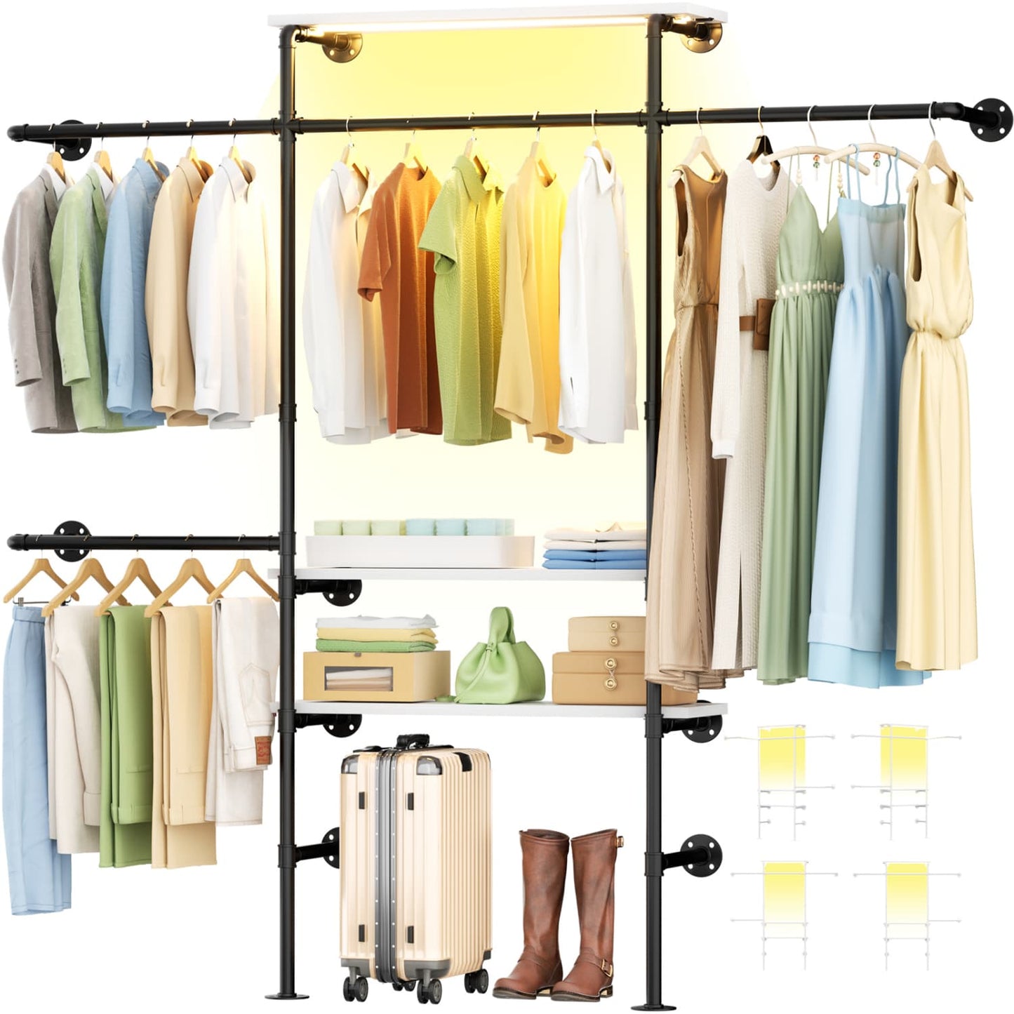 87-In Wall-mounted Pipe Garment Rack with Wood Shelves, Heavy-duty Closet Organizer System with 4 Hanging Rods-