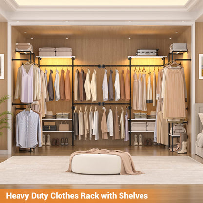 87-In Wall-mounted Pipe Garment Rack with Wood Shelves, Heavy-duty Closet Organizer System with 4 Hanging Rods-