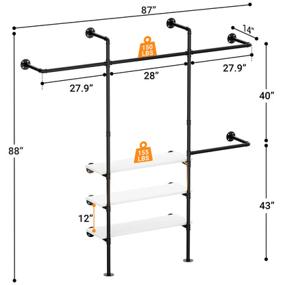 87-In Wall-mounted Pipe Garment Rack with Wood Shelves, Heavy-duty Closet Organizer System with 4 Hanging Rods-