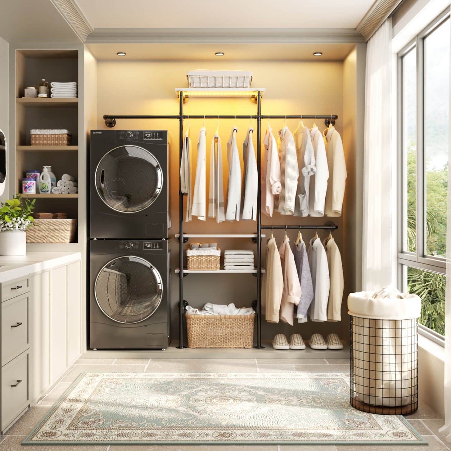 87-In Wall-mounted Pipe Garment Rack with Wood Shelves, Heavy-duty Closet Organizer System with 4 Hanging Rods-