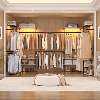 87-In Wall-mounted Pipe Garment Rack with Wood Shelves, Heavy-duty Closet Organizer System with 4 Hanging Rods-