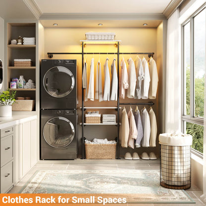 87-In Wall-mounted Pipe Garment Rack with Wood Shelves, Heavy-duty Closet Organizer System with 4 Hanging Rods-