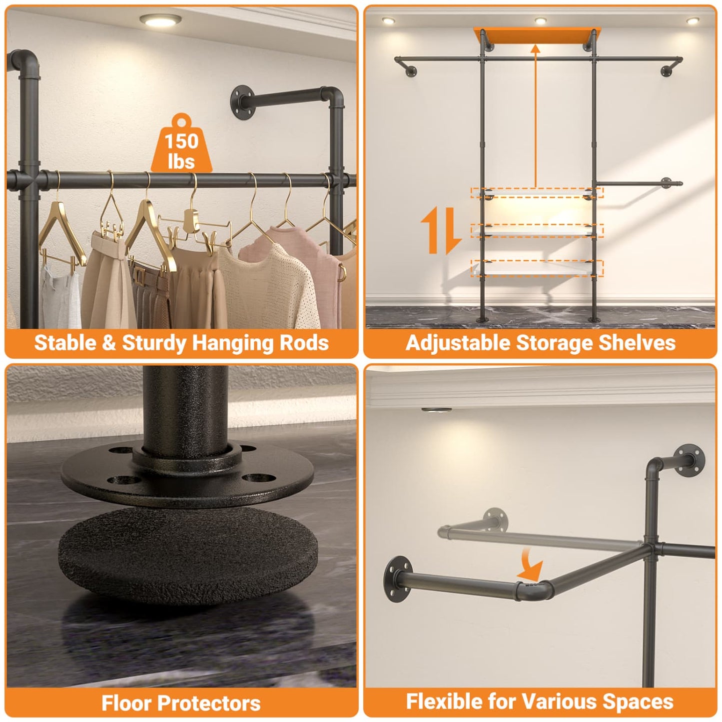 87-In Wall-mounted Pipe Garment Rack with Wood Shelves, Heavy-duty Closet Organizer System with 4 Hanging Rods-