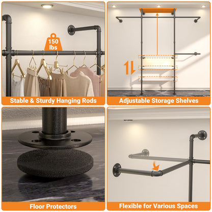 87-In Wall-mounted Pipe Garment Rack with Wood Shelves, Heavy-duty Closet Organizer System with 4 Hanging Rods-