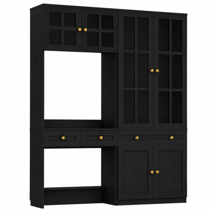 55.2" W × 80" H Bookcase with Desk, Mullion Glass Doors, Drawers