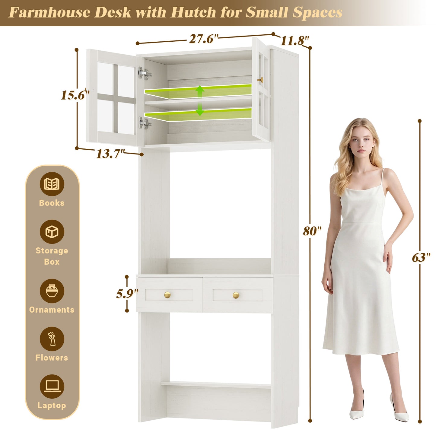 80" Tall Desk with Hutch & Drawers for Small Space