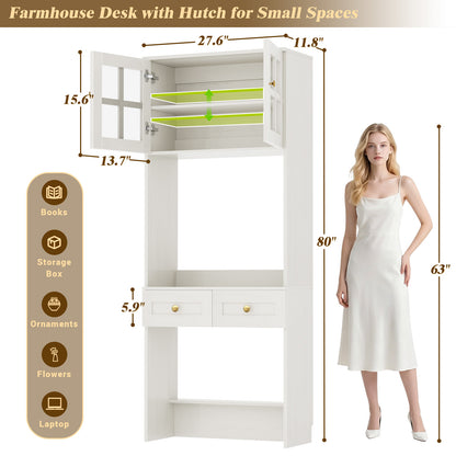 80" Tall Desk with Hutch & Drawers for Small Space