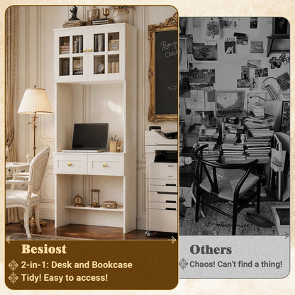 80" Tall Desk with Hutch & Drawers for Small Space
