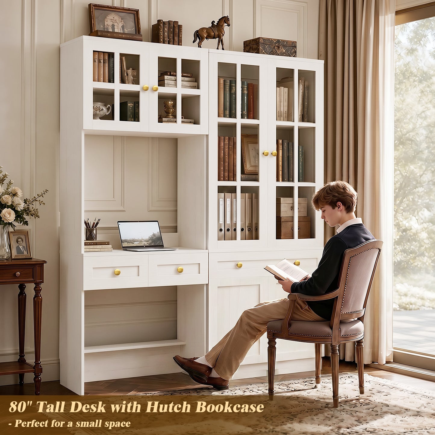 80" Tall Desk with Hutch & Drawers for Small Space